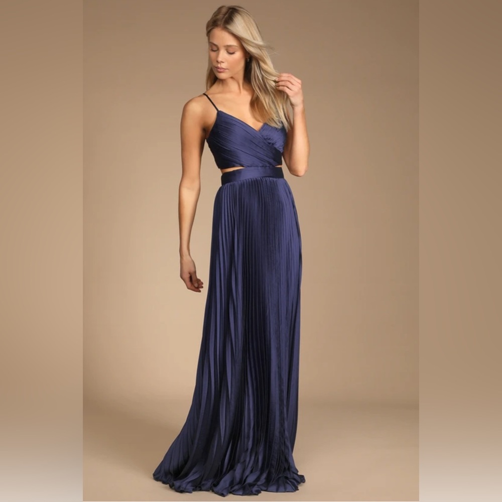 🆕 Lulus Got The Glam Navy Blue Pleated Cutout Maxi Dress - Size XS Free Ship